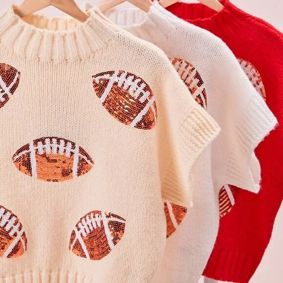 BIBI Football Sequin Knit Sweater White Short Sleeve Tailgate Game Day Top - Picture 9 of 11